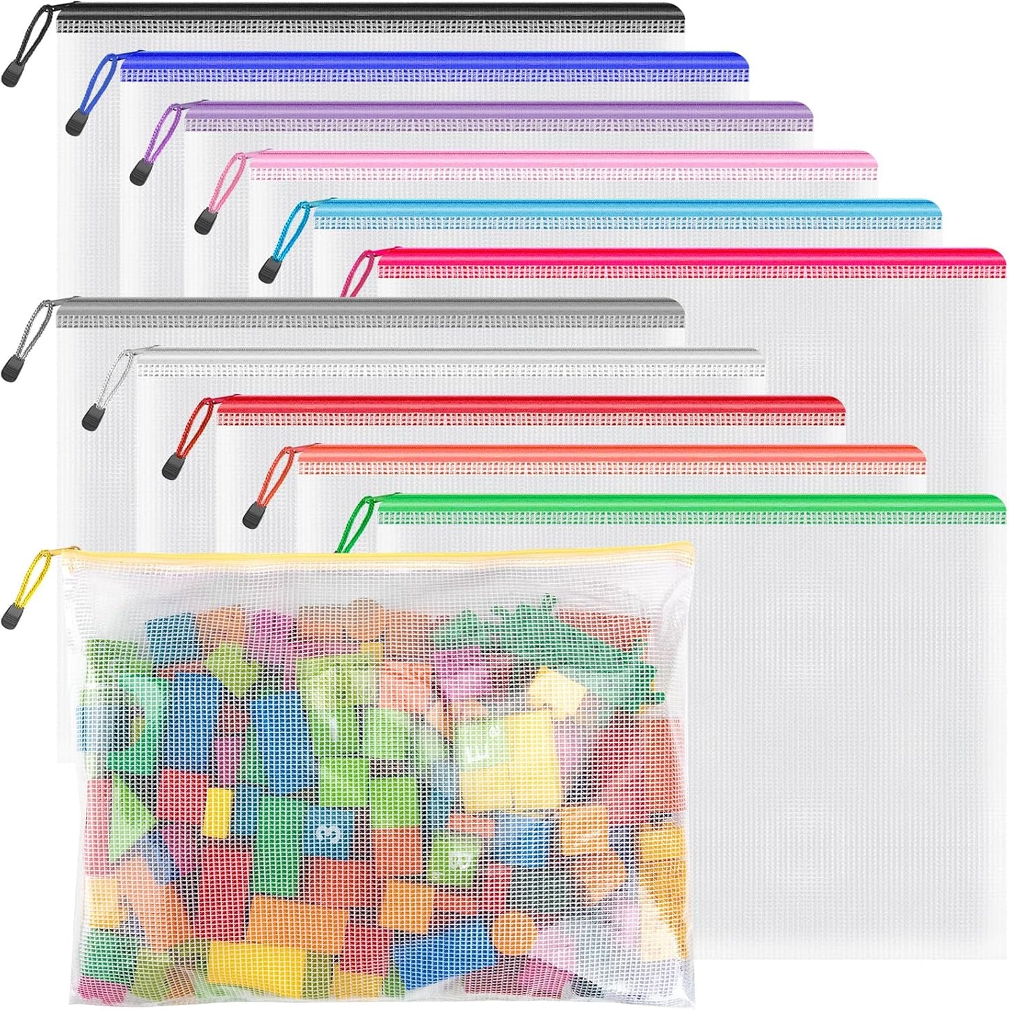 Umriox Mesh Pouch, 14.9x11.0 in (12 Colors, 12 Packs), Extra Large Waterproof Zipper Bags for Office Supplies, Puzzles, Board Games & Cross Stitch Projects