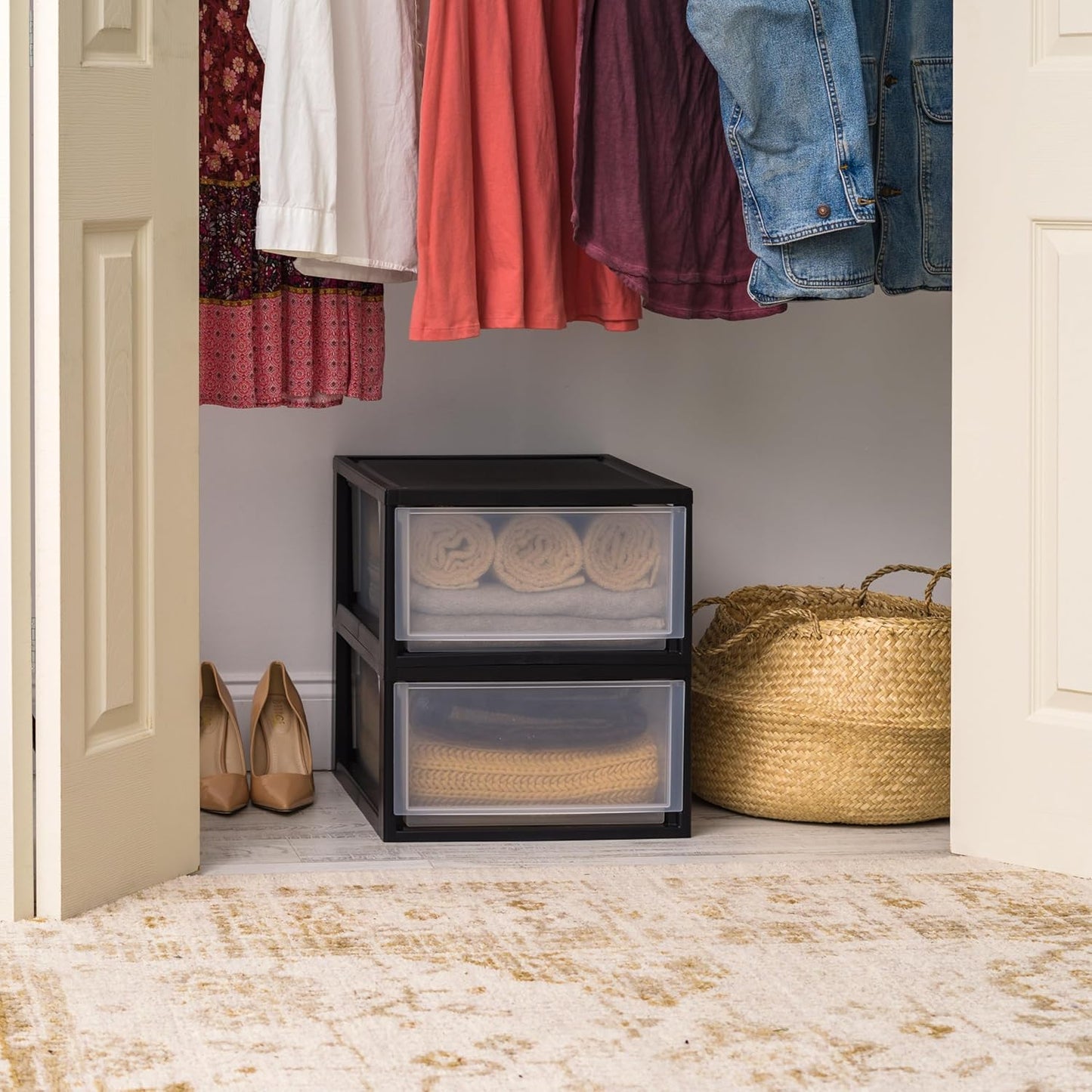 IRIS USA 30 Qt. Plastic Drawer Storage Organizer Stacking Drawers, 2-Pack, Stackable Unit with Sliding Drawer for Clothes Bedroom Kitchen Under Sink Pantry Craft Room Bathroom Dorm Office, Black