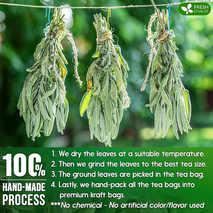 FreshDrinkUS, Premium 55 Sage Leaf Tea Bags, 100% Natural & Pure from Sage Leaves. Loose Leaf Herbal Tea. Made with Natural Material Tea Bags. No Sugar, No Caffeine, No Gluten, Vegan.