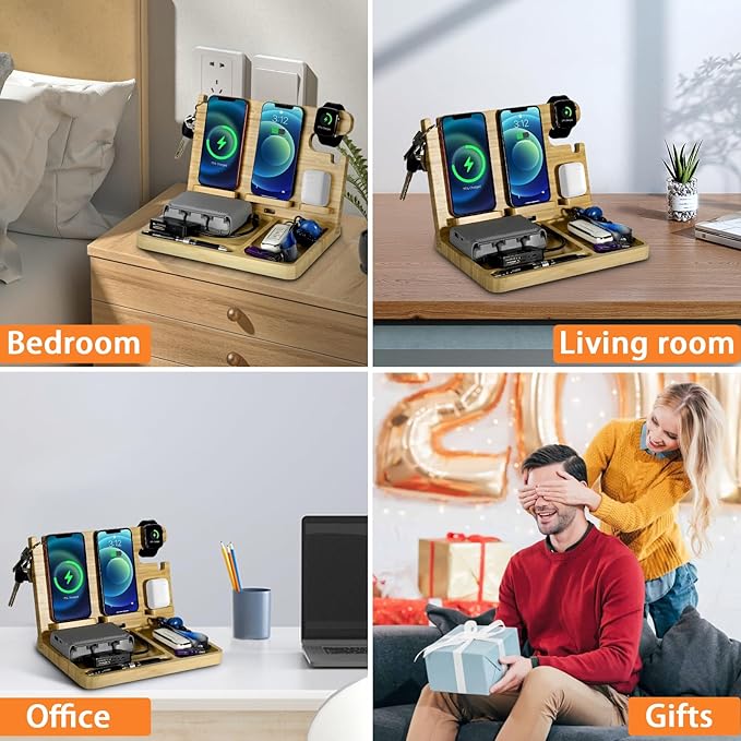 Nightstand Charging Station, 27W Fast Charging Wireless Charger Stand for iPhone/iWatch/Airpod/Samsung, Bamboo Phone Docking Station for Multi Devices, Desk Nightstand Organizer Gifts for Men
