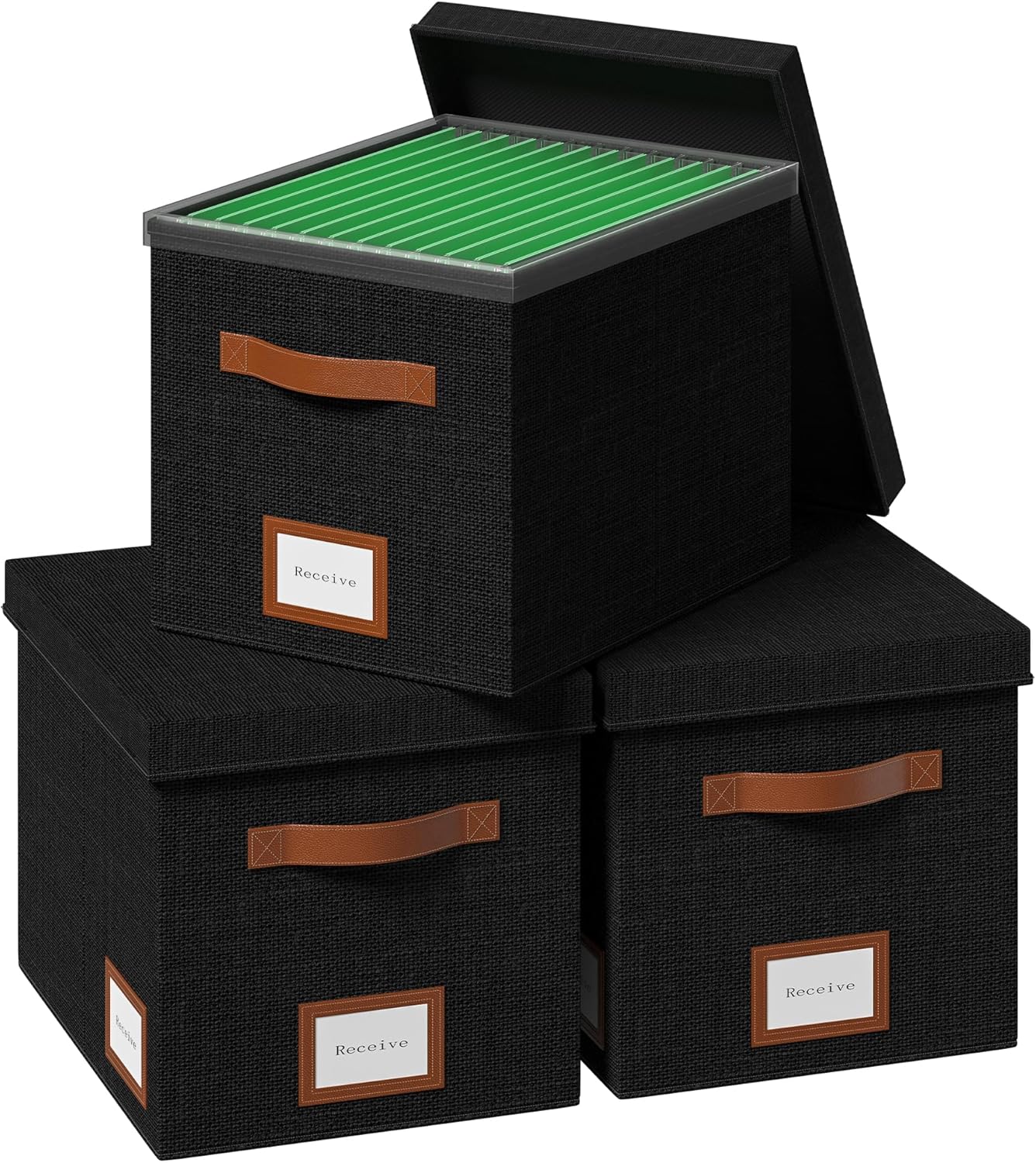 File Organizer Box with Lid File Box for Hanging Decorative File Organizer with One-Piece Integrated Plastic Slide Rail (Black, 13.2x10.1x10.1inch(3pack))