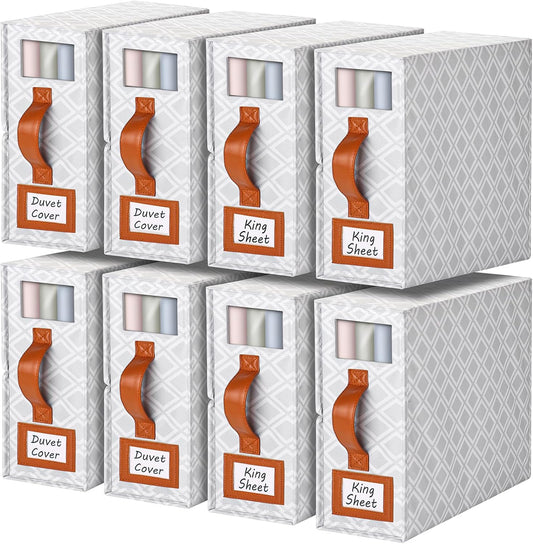 8 Pack Bed Sheet Organizers and Storage, (King & Queen Size) Sheet Organizer for Linen Closet, Foldable Bedding Storage Box with Window for Bedsheets, Duvet Cover and Pillowcase (Light Printed 8 Pack)