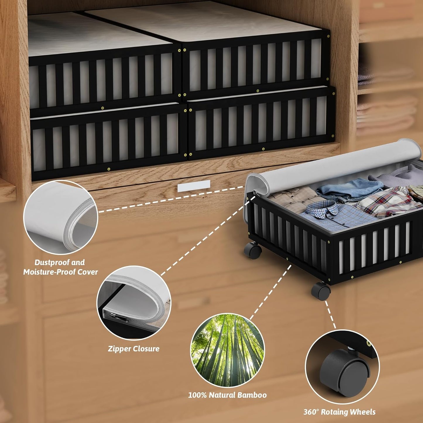 Bamboo Under Bed Storage Containers with Wheels, Rolling Under the Bed Shoe Storage Bins, Wood Stackable Underbed Drawers with Bag Organizer for Bedroom Closet Clothing Sweater Under Crib Toy Black