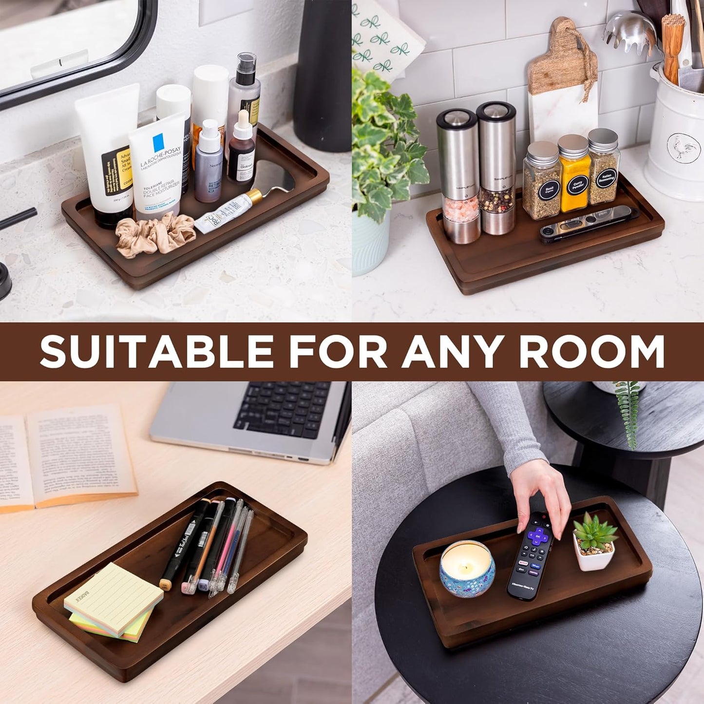 Bathroom Vanity Tray 11.8x5.9in of Acacia Wood - Elegant Organizer for Cosmetics, Jewelry, Perfume, Candle, Key - Premium Wood Tray for Bathroom, Kitchen, Countertop, Toilet Tank, Sink (Dark Brown)