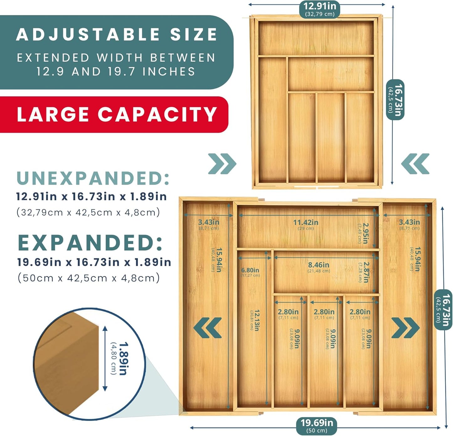 Sben Expandable Drawer Organizer for Utensils Holder, Adjustable Cutlery Tray, Wood Drawer Dividers Organizer for Silverware, Flatware, Knives for Kitchen (Bamboo)