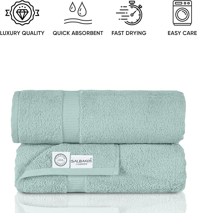 SALBAKOS 100% Turkish Cotton Extra Large Bath Sheet Set of 2 35x70 inch | Heirloom Quality | Hotel & Spa Collection | Soft, Oversize Bath Towels | Made in Turkey (Seafoam Green, 2 Bath Sheets)