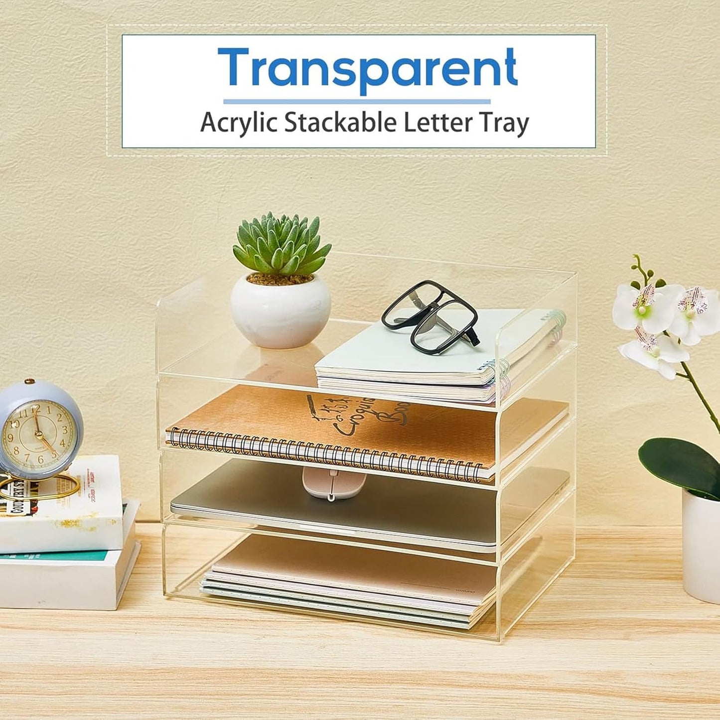 Harloon 4 Tier Acrylic Paper Tray Paper Organizer for Desk Clear File Organizer 12. 4 x 8. 7 x 2. 7 Inches File Tray for Office Workspace Desktop Storage, No Need to Assemble (Transparent)