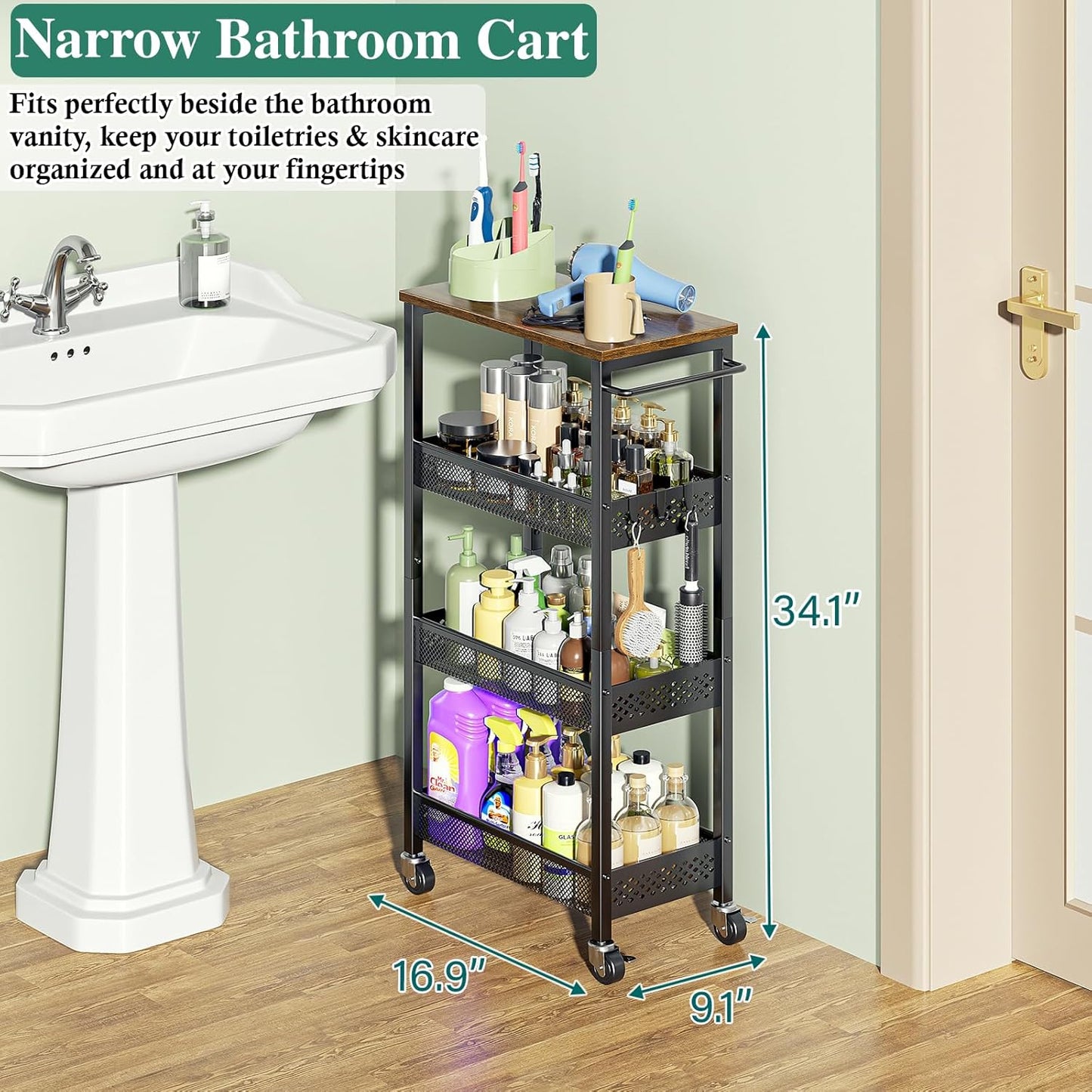 Utility Slim Storage Cart, 4-Tier Narrow Bathroom Organizer and Storage Cart, Metal Narrow Kitchen Laundry Room Organization Rack with Wood Top, Slim Rolling Shelf with Wheels for Small Space