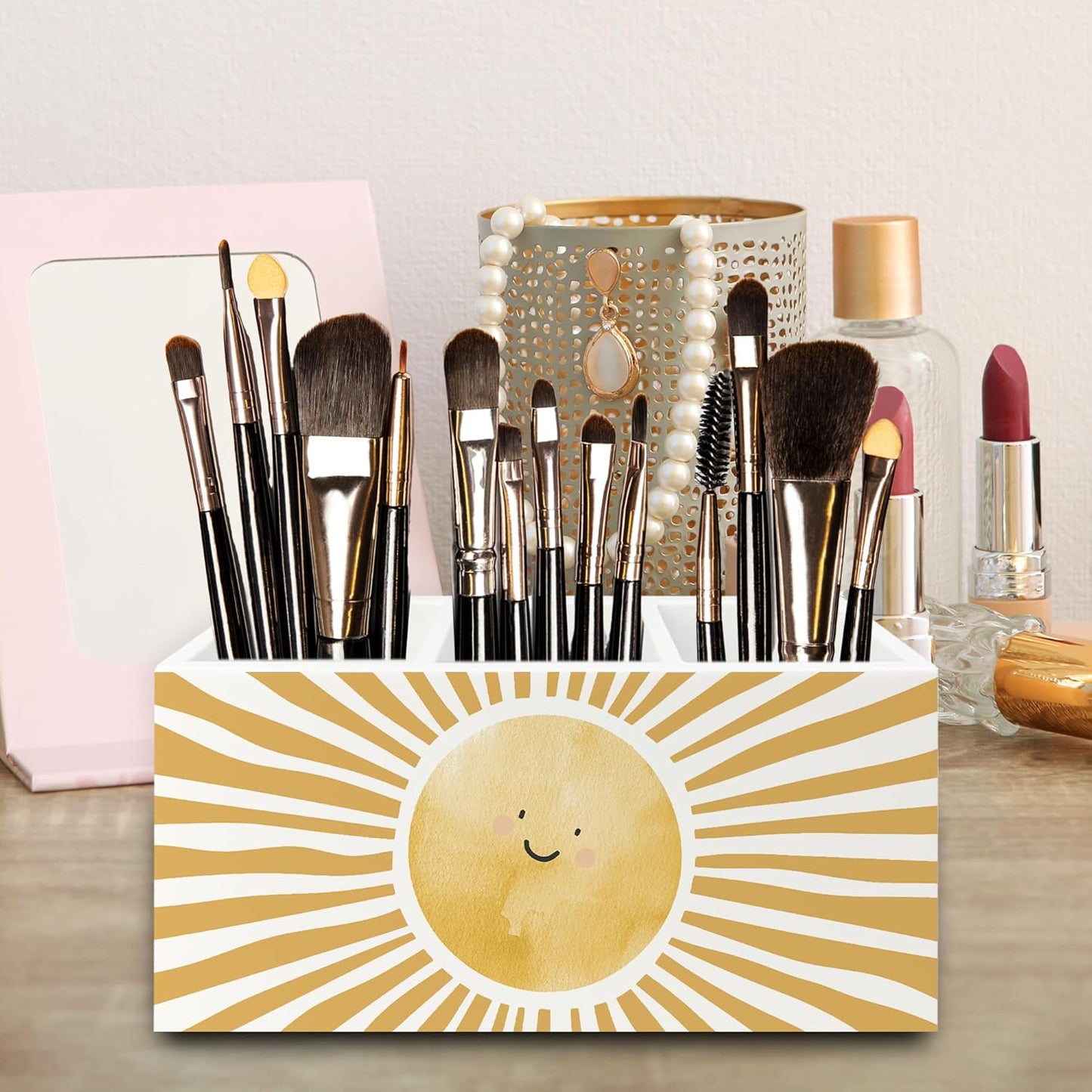 Boho Yellow Sunshine Pen Pencil Holder Organizer for Desk, Cute Smile Groovy Sun Sunshine Wooden Box Signs Decorations for Kids Room Home Classroom Desk Tabletop