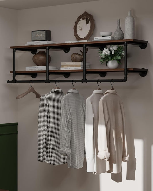 Wall Mounted Clothes Rack 12 Inch Deep, 60 Inch Heavy Duty Garment Rack with Real Walnut Wood Shelf, Multi-Purpose Hanging Rod & Space-Saving Closet Storage Organizer