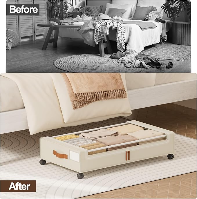 LAMU 2 Pack Under Bed Storage with Wheels, 60L Large Lapacity UnderBed Storage Containers with Clear Lid and Handles, Under the Bed Storage Bins Drawers for Clothes, Blankets, Shoes, Books, Beige