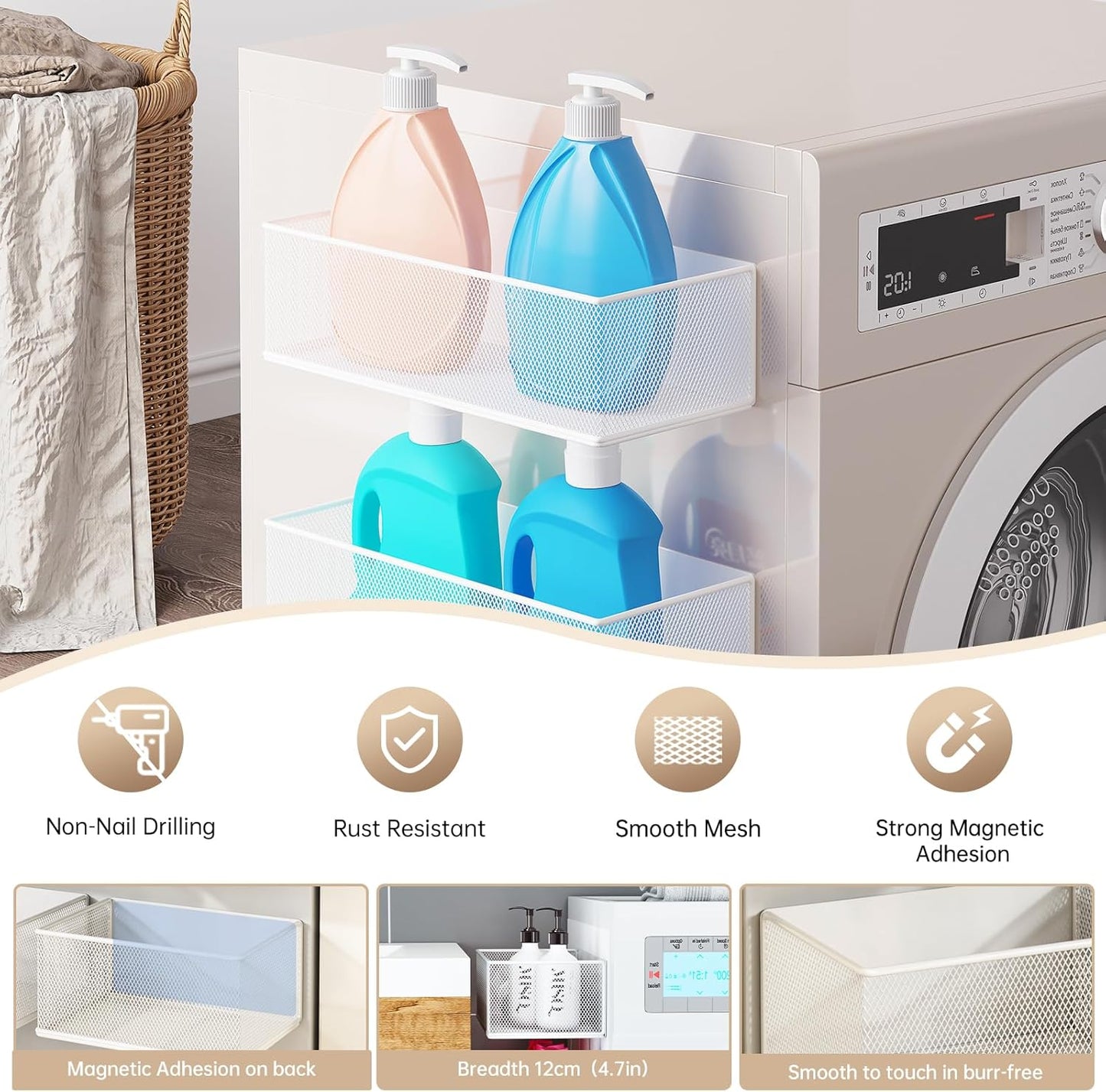 Magnetic Shelf for Washing Machine, Washer Dryer Shelf, Magnetic Lint Bin for Laundry Room, Spice Rack, Magnetic Basket Organizer for Laundry Kitchen, 1 Pack (White, 13.39''L*5.12''W*3.74''H)
