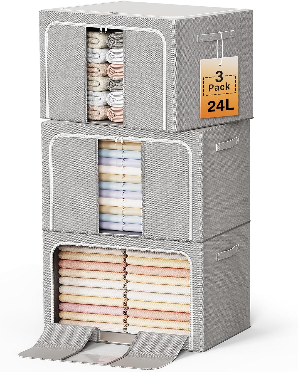 Clothes Storage Bins with Metal Frame Foldable Storage Box Clothes Organizers Storage Containers for Clothes Sheets Blankets Books Toys Gifts and Holiday Decorations (24Lx3 Pack)