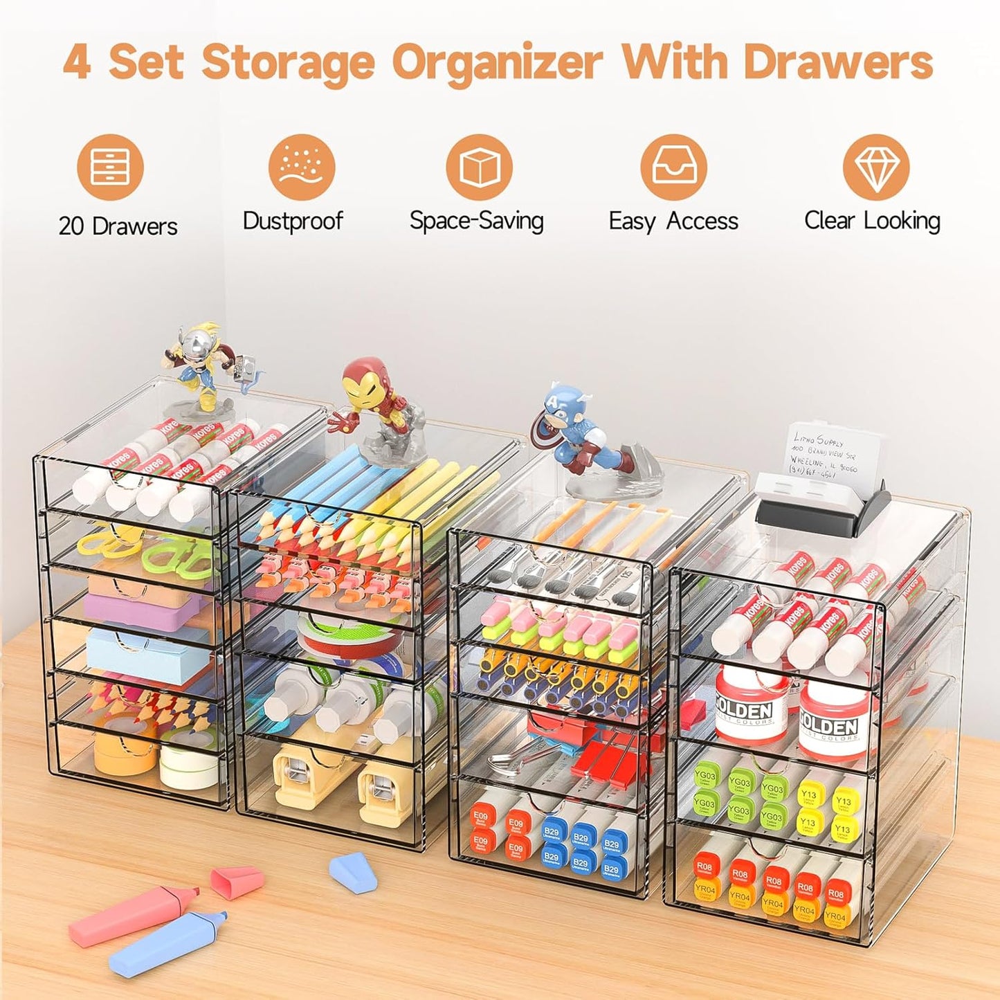 Makeup Drawer Storage Organizer with 20 Drawers, 4 Set Acrylic Office Desk Organization and Storage, Dustproof Drawer Organizer for Makeup, Office, Countertop, Jewelry, Pen, Desktop, Bathroom, Bedroom