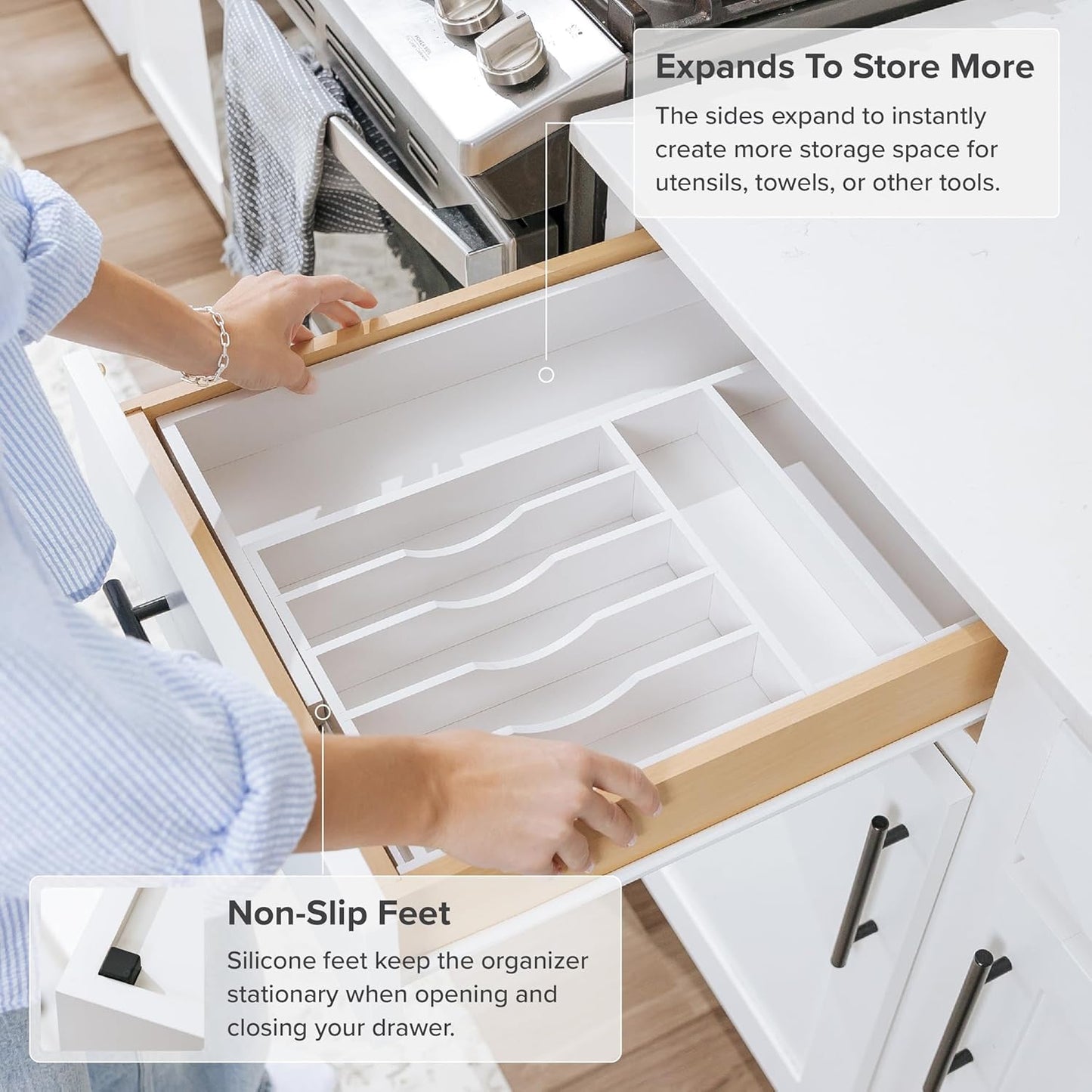 KitchenEdge Premium Silverware, Flatware and Utensil Organizer for Kitchen Drawers, Food-Safe Contract Grade, Expandable from 10.5 to 19 In, White Bamboo