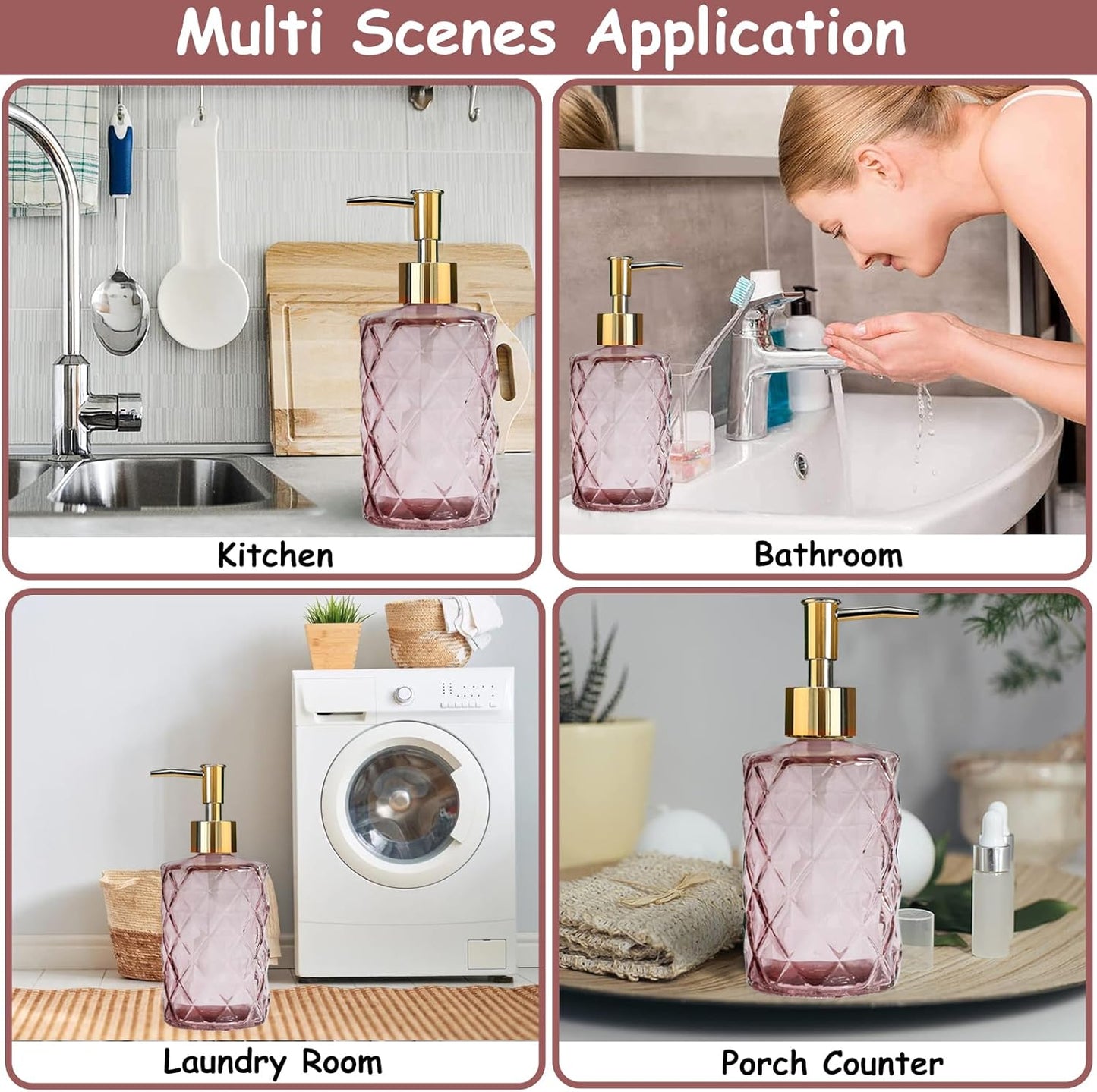 Glass Soap Dispenser with Gold Plastic Pump, 12oz Refillable Liquid Hand Soap Dispenser, 2 Pack Crystal Lotion Bottle for Modern Home Decor, Bathroom, Kitchen Countertop, Hotel