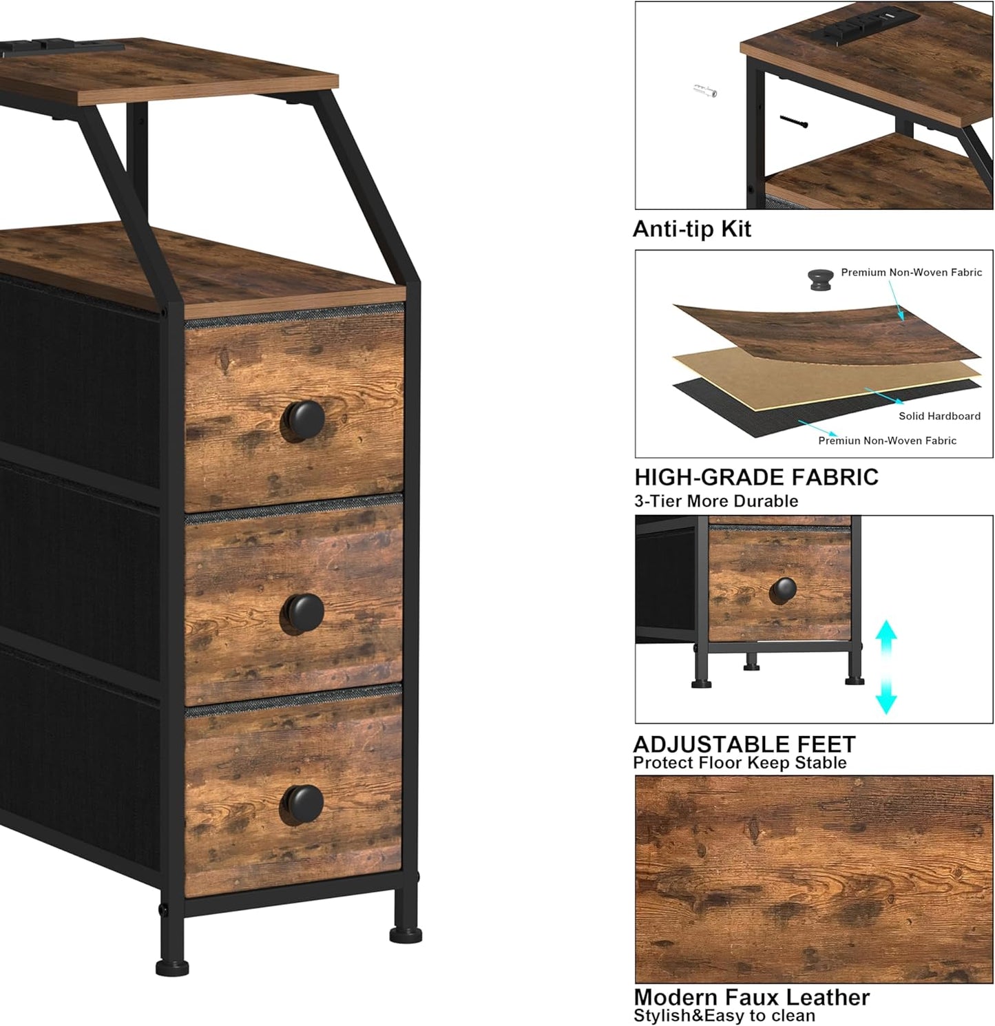 Tohomeor Narrow Dresser Tall Skinny Storage Tower Vertical Slim Chest of Drawers with Charging Station Small Nightstand Side Table for Bedroom, Bathroom, Small Spaces (Rustic Brown, 3 Drawers)