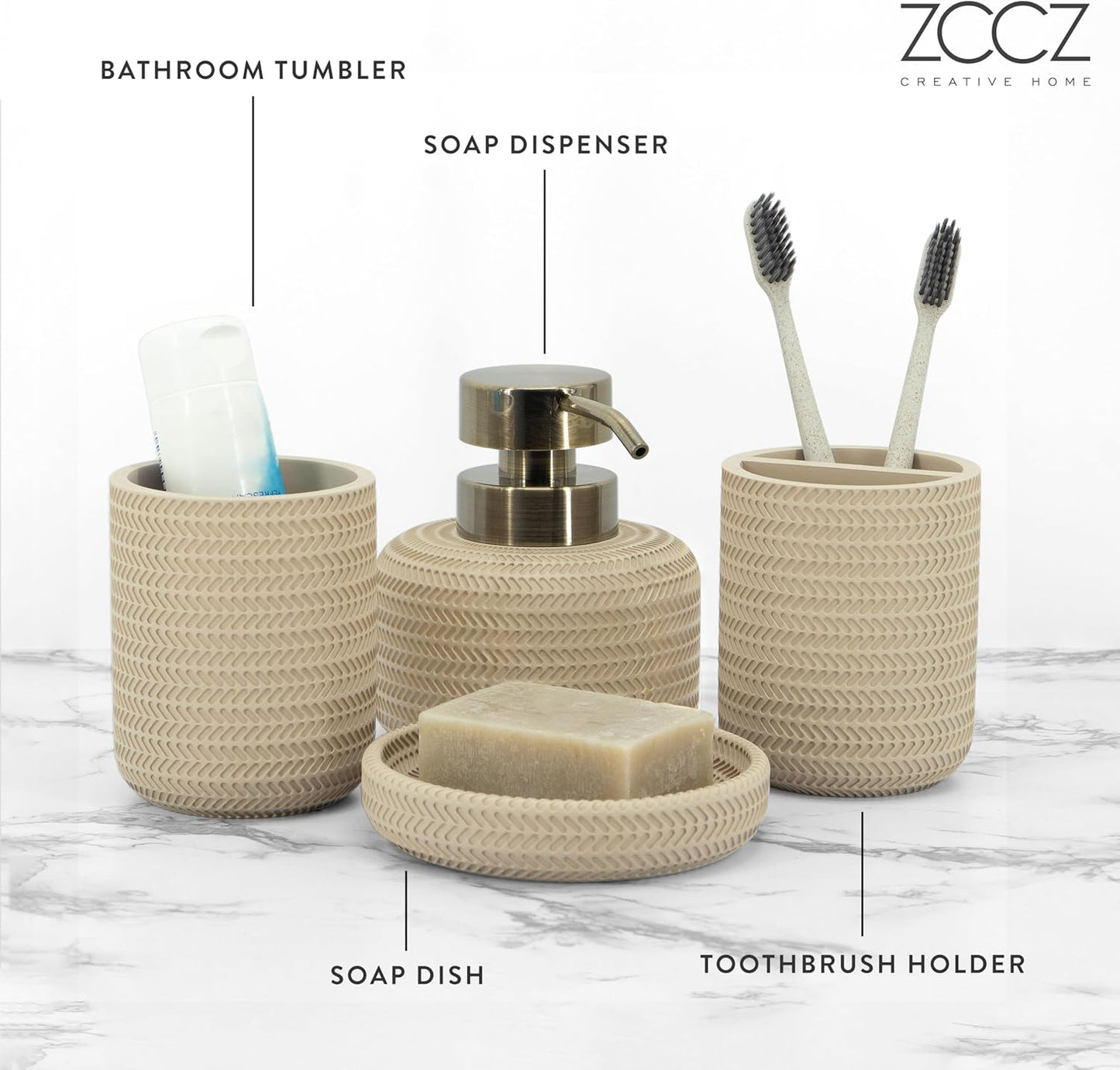 ZCCZ Beige Bathroom Accessories Set 4 Pcs - Toothbrush Holder, Soap Dispenser, Vanity Tray, Tumbler - Countertop Organizer for Bathroom Decor - Stylish and Functional Accessory Set for Home