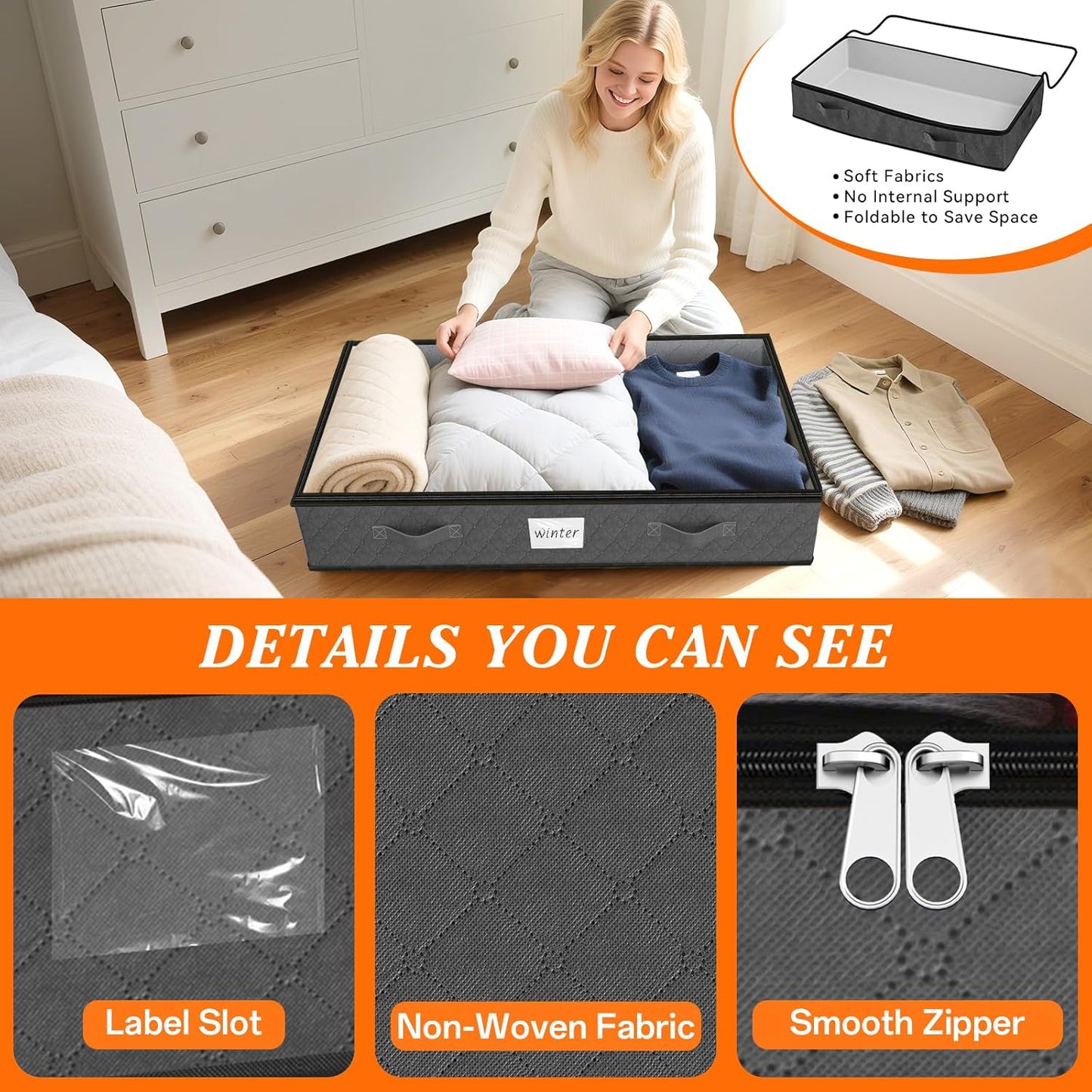 SpaceWhisper 90L Under Bed Storage Containers, 6-Pack Storage Bins with Clear Top, Foldable Closet Organizers and Storage with Label Holder for Clothing, Blankets, Comforter & Pillows (Grey)