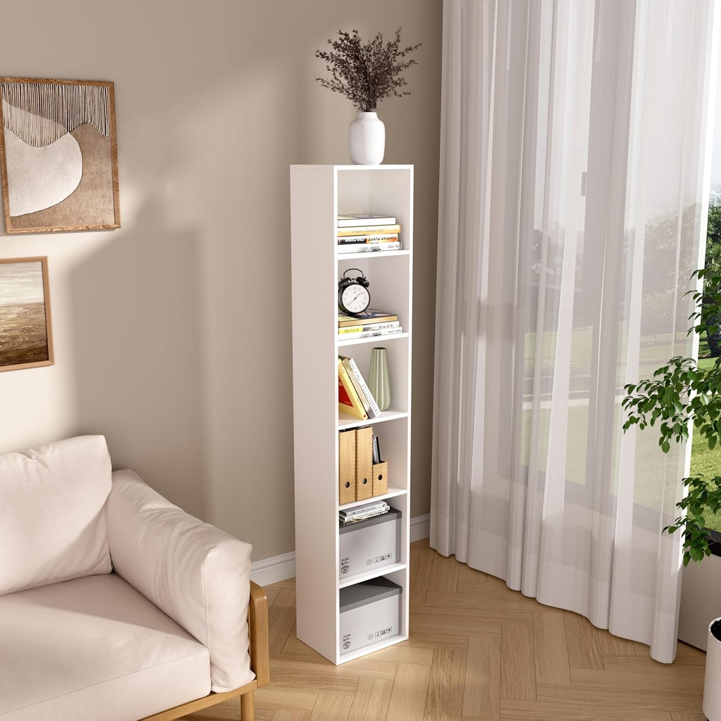 Wooden 6 Cube Storage Organizer, 6 Tier Storage Cubes Storage Display Cubby, 62 Inch Tall Versatile Shelf and Cubby Organizer for Any Space (White, 6 Cube-W(11.8inch)