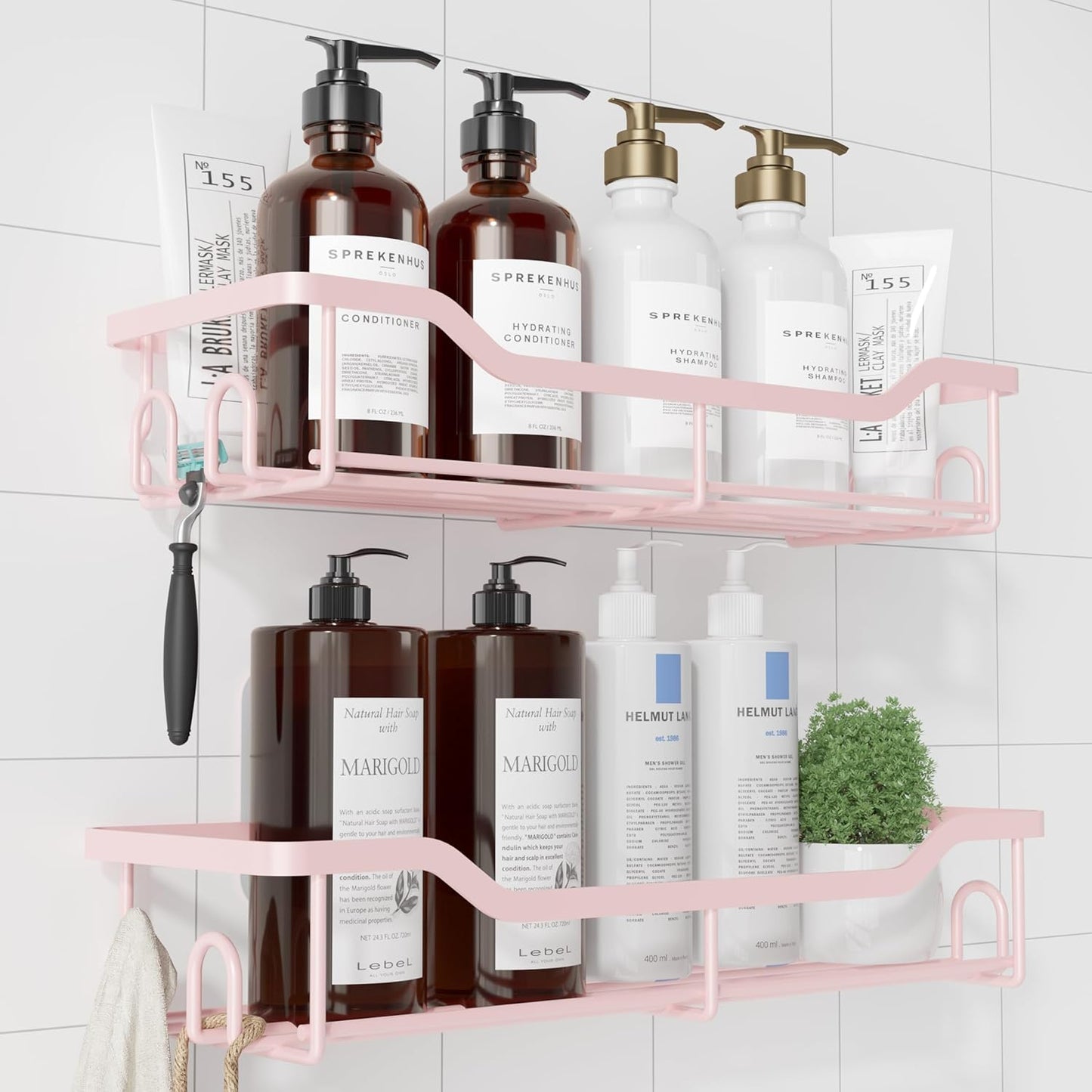 Kitsure Shower Caddy Large - Adhesive Shower Organizer, Stainless Steel Shelf for Inside Shower, No Drill Bathroom Organizers and Storage, Home Decor Accessories, 2 Pack, Pink