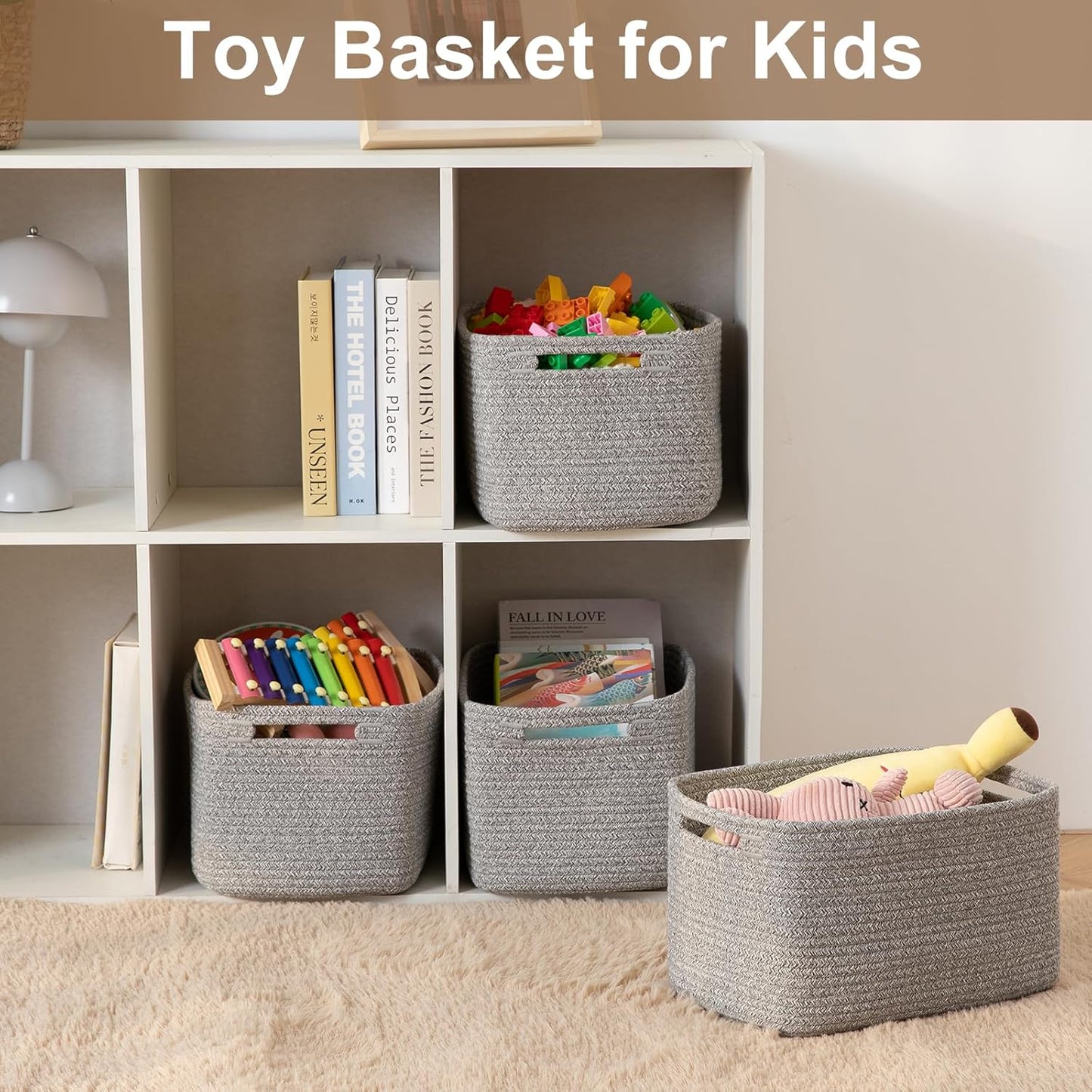 Storage Baskets for Organizing, Woven Decorative Baskets for Shelves - Books, Towels, and Clothes, Cotton Rope Toy Storage Bins, 12.7''Lx9''Wx7.8''H, Pack of 4, Grey