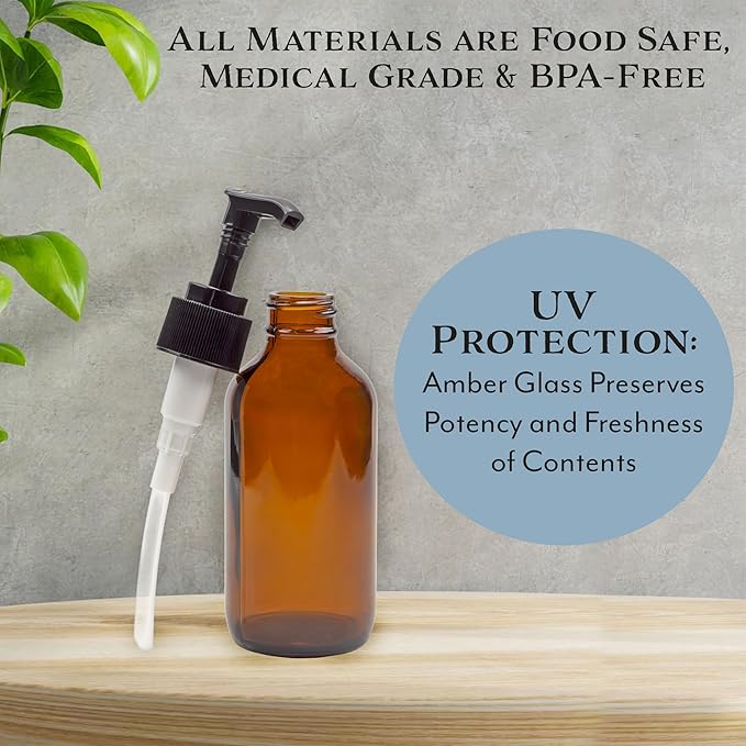 Cornucopia Brands 4oz Amber Glass Pump Bottles (Pack of 4) Great for Lotions, Liquid Soap, Aromatherapy and More