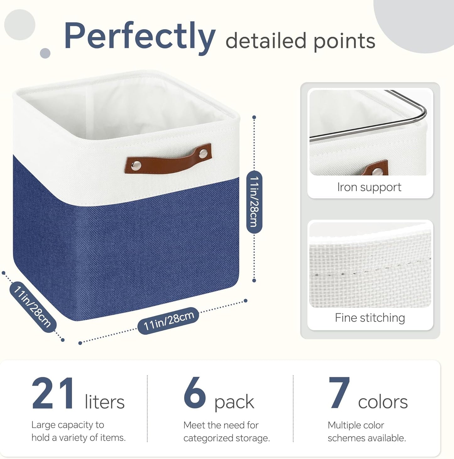 Cube Storage Baskets 6 Pack, 11x11 inch Foldable Cube Storage Bins with Leather Handles for Shelf Closet Nursery Toys (White/ Blue)