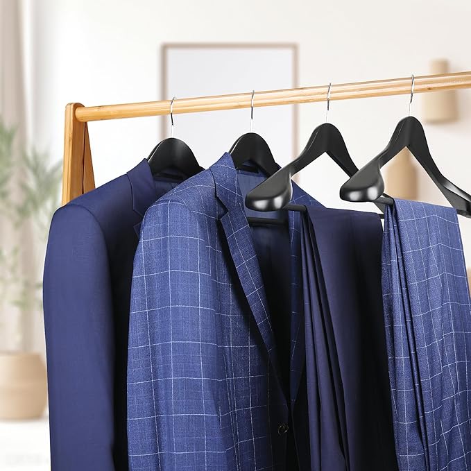 Coat Hanger 8-Pack, MEQUTION Wood Hangers Trouser Hangers Extra Wide Shoulder Wooden Hangers for Heavy Coat, Sweater, Skirt, Suit, Pants, Retro Finish (Black)