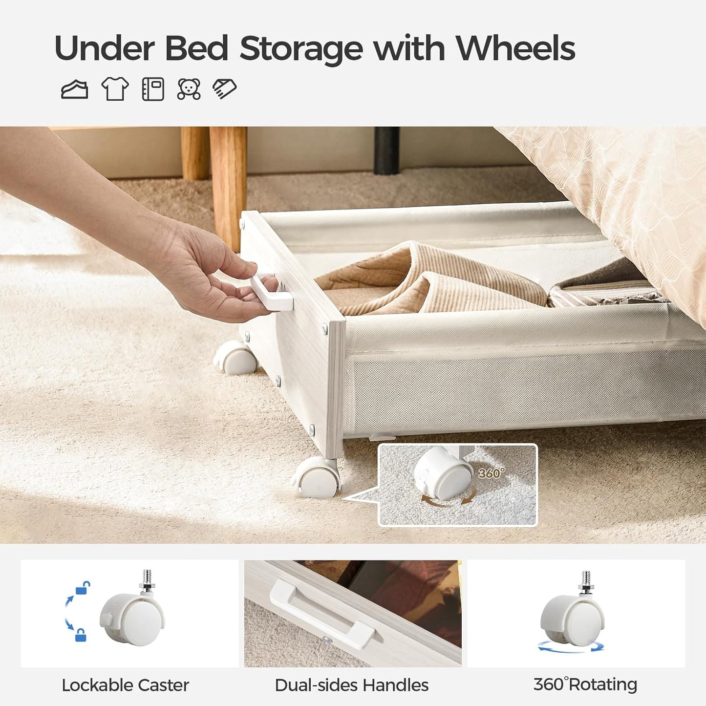 Under Bed Storage with Wheels, Wooden Under Bed Drawers On Wheels, Rolling Under Bed Shoe Storage, Space Saving,White,50L