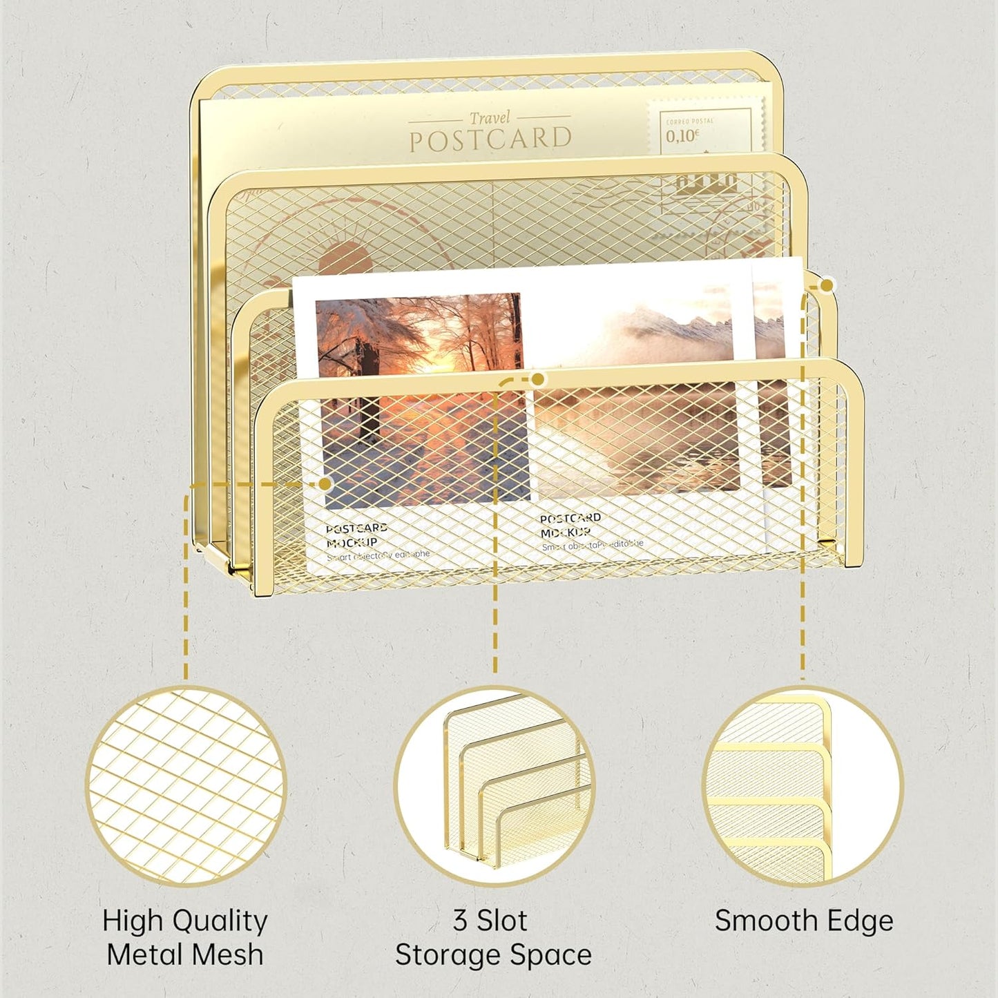 SUPEASY Mail Organizer for Desk, Mesh Metal Mail Holder Countertop with 3-Slot, Letter Sorter File Holder, Office Envelope Organizer for Mails (Gold)
