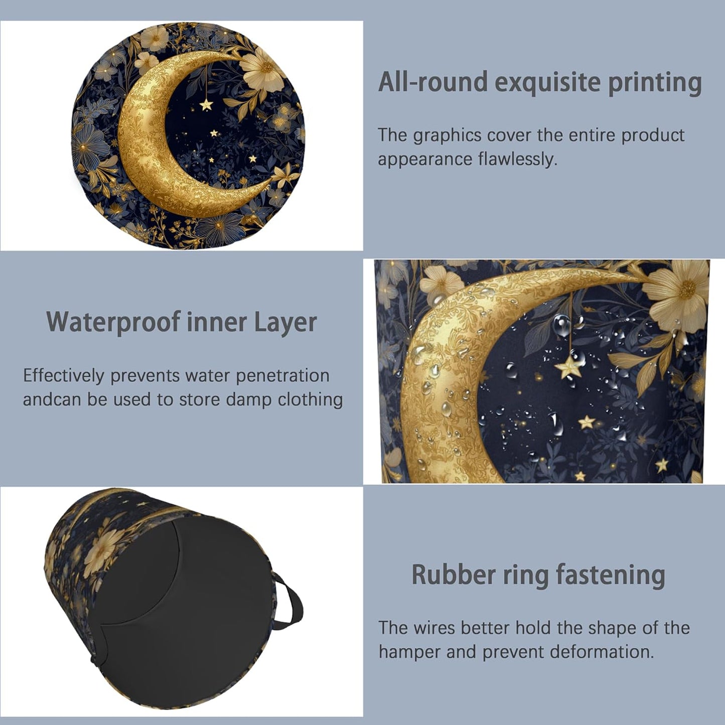 Golden Moon Laundry Basket,Flowers Foldable Oxford Cloth Tote Bag Laundry Hamper Clothes Storage Bucket Organizer for Bedroom Laundry Storage Dormitories 16" x 20.8"