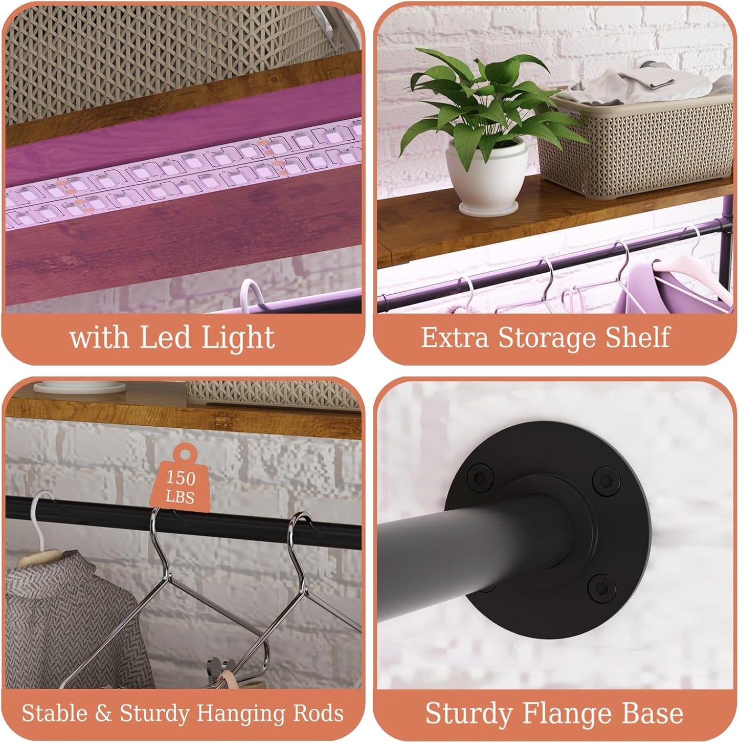 Industrial Pipe Clothes Racks with LED Lights& Shelves, 118" Wall Mounted Clothing Rack for Hanging Clothes, Heavy Duty Industrial Pipe Shelving for Walk-in Closet, Black