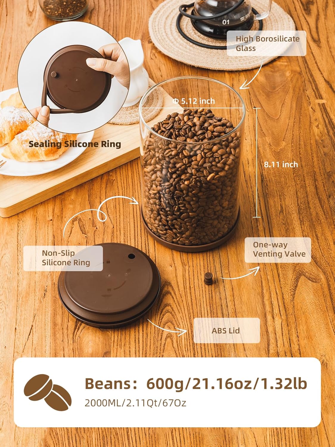 Coffee Canister, 21 oz Borosilicate Glass Airtight Coffee Containers for Ground Coffee with CO2-Release Valve - Large, 1.31lb