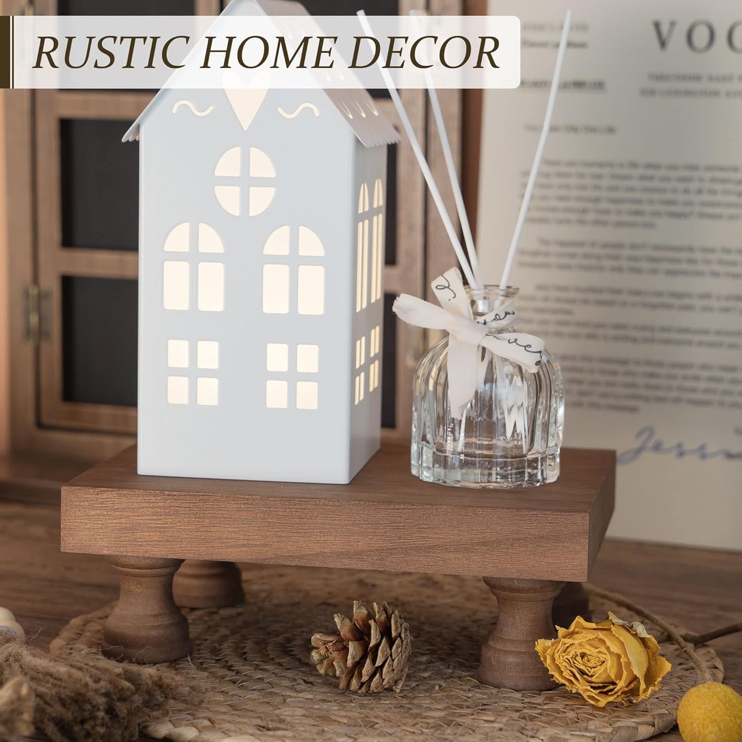 EOSAHR Decorative Wood Riser for Room Decor : Modern Farmhouse Pedestal Stand For Display Your Home Decoration and Soap Stand - Retro Wooden Tray for Bathroom and Kitchen Counter Decor (Rustic Brown)