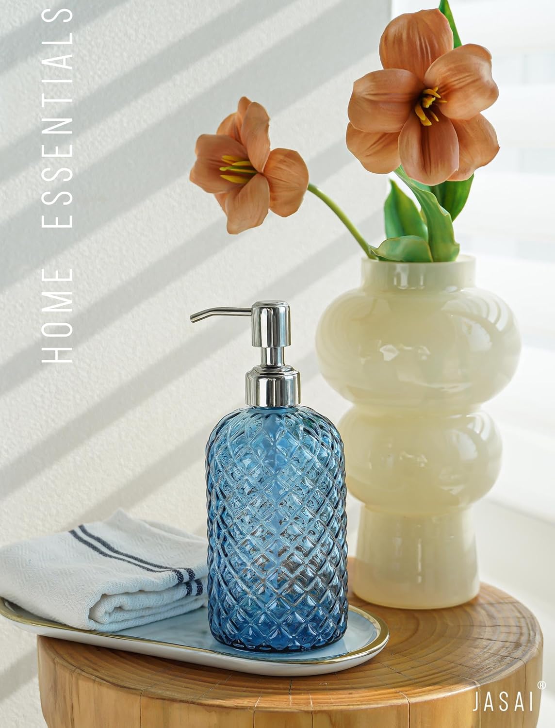 JASAI 18Oz Gem Patterned Glass Soap Dispenser for Kitchen, Refillable Hand soap Dispenser with Rust Proof Stainless Steel Pump, Clear Soap Dispenser Bathroom for Dish Soap, Hand soap, Lotion(Blue)