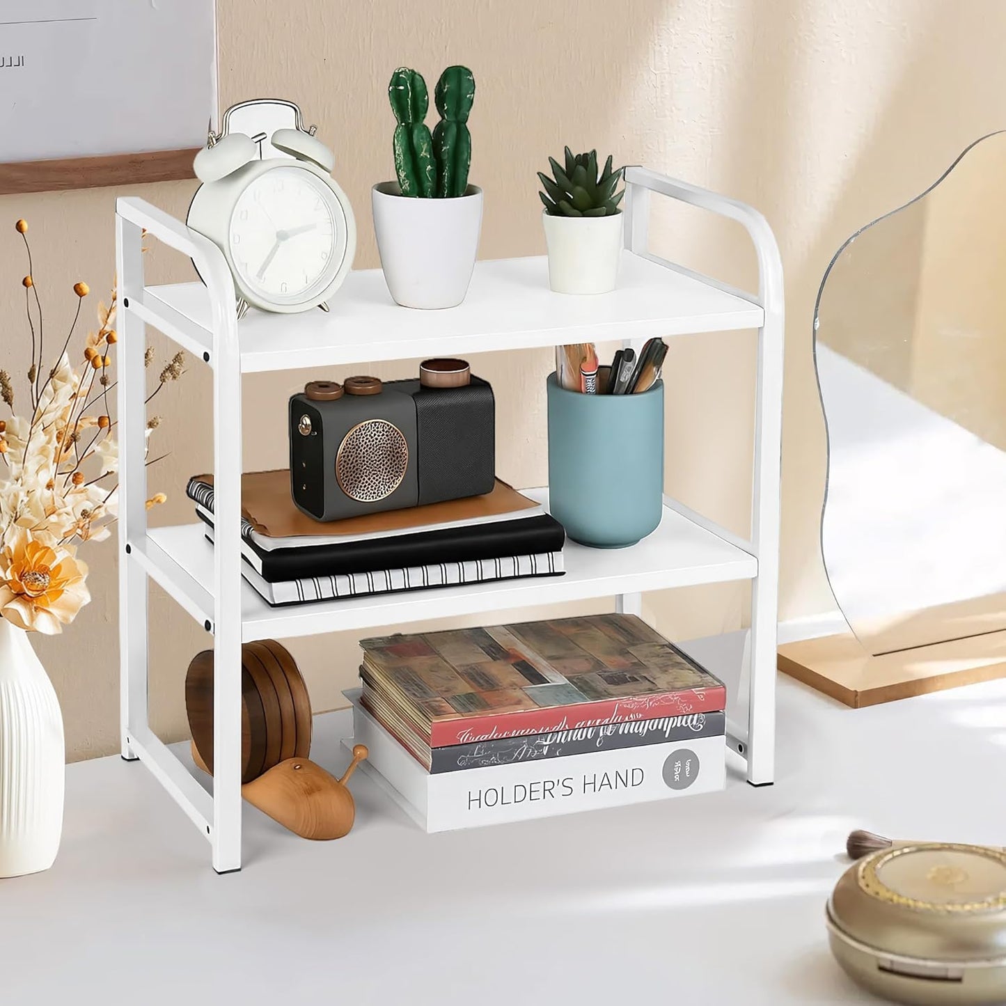 Desktop Shelf Organizer, 2-Tier Office Desk Shelf for Top of Desk, Wood & Metal Bookshelf Supplies Storage Rack (White)