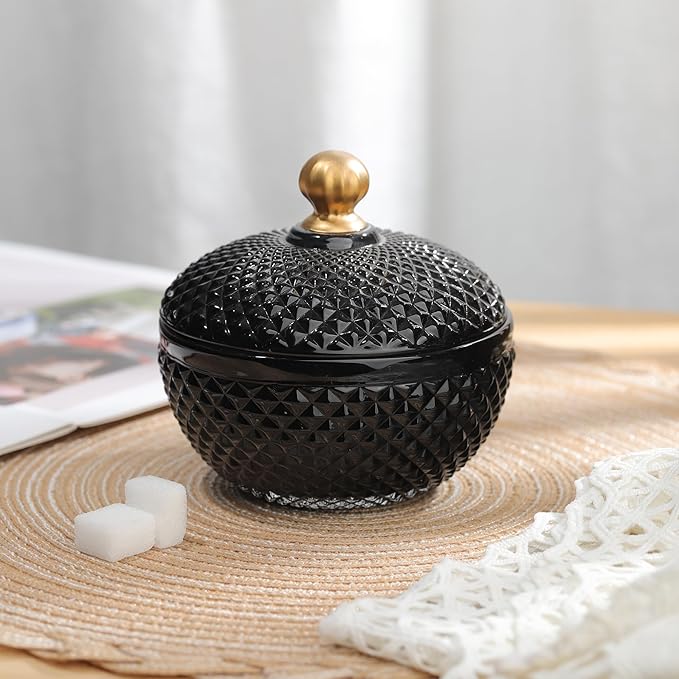 Joeyan 12 oz Small Black Glass Jars with Lid,Embossed Glass Candy Dishes,Diamond Faceted Food Container,Decorative Jewelry Box Apothecary Canisters,Colored Kitchen Bathroom Buffet Storage Organizer