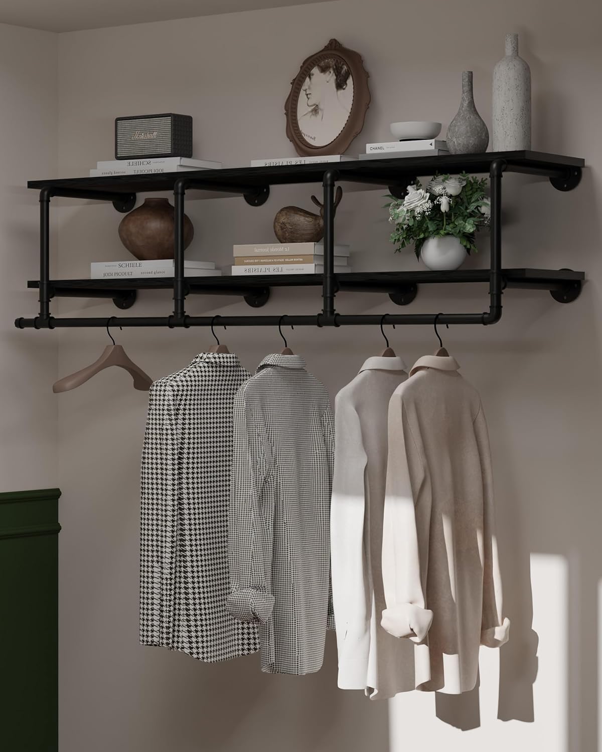 Wall Mounted Clothes Rack 12 Inch Deep, 60 Inch Heavy Duty Garment Rack with Real Black Wood Shelf, Multi-Purpose Hanging Rod & Space-Saving Closet Storage Organizer