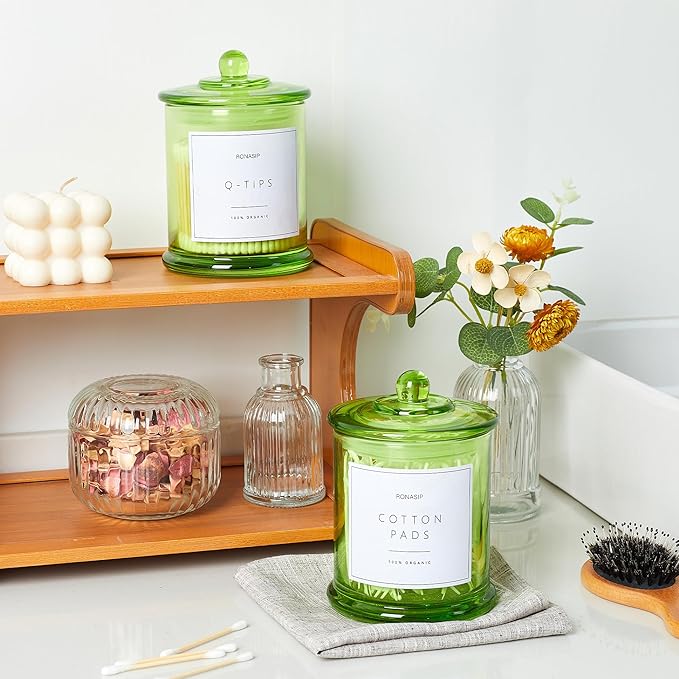 Qtip Holder & Cotton Pad Dispenser, Bathroom Organizer and Storage Canisters, 16oz Glass Apothecary Jars for Kitchen, Restroom - Home Decor Accessories, Room Decor Aesthetic (2 Pack, Green)