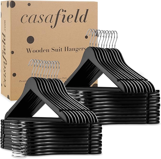 Casafield - 40 Black Wooden Suit Hangers - Premium Lotus Wood with Notches & Chrome Swivel Hook for Dress Clothes, Coats, Jackets, Pants, Shirts, Skirts