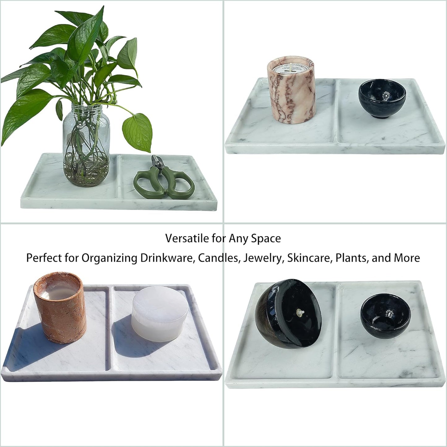 11.81"x7.87" Marble Decorative Tray with Dual Compartments – Catchall Organizer for Jewelry, Cosmetics, Soap – Polished Stone Dresser Vanity Tray for Bathroom, Entryway, Office – Calacatta White