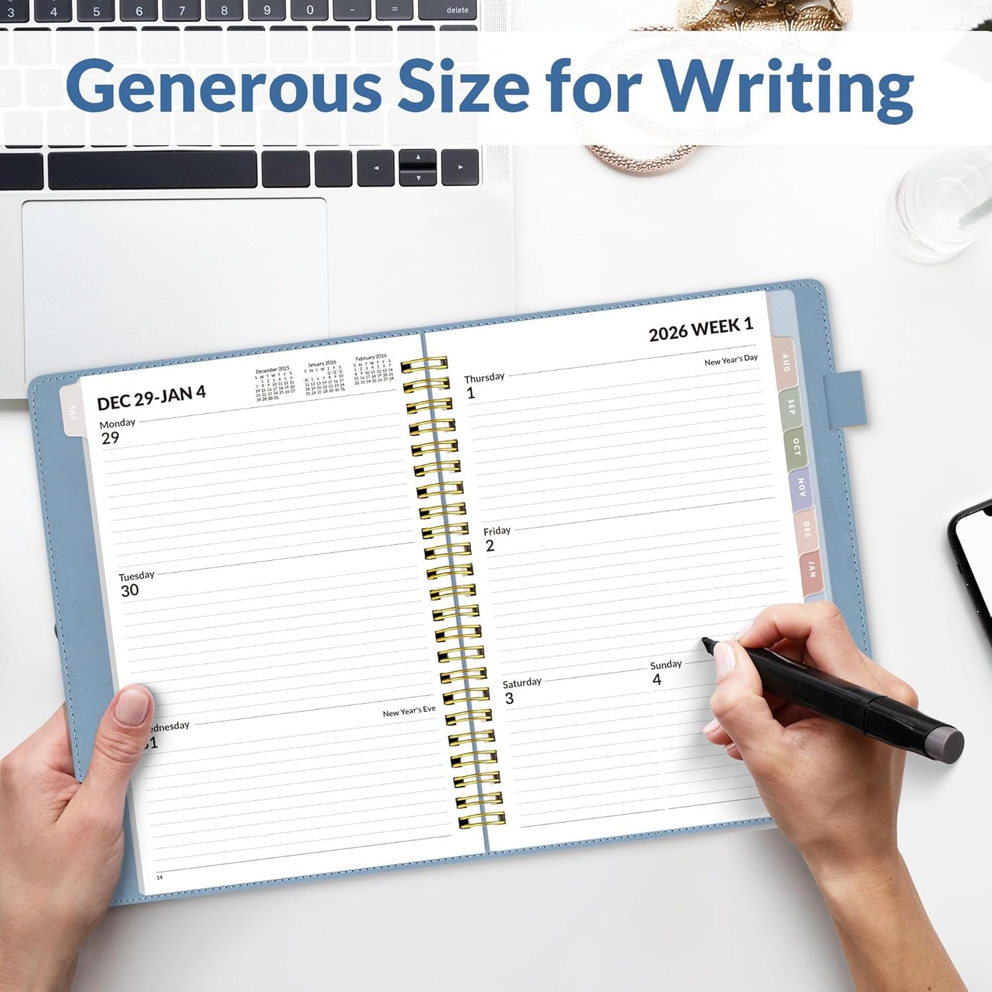 SUNEE 2026 Weekly & Monthly Planner 6.4"x8.5"- 12 Month (January 2026 - December 2026), Vegan Leather Cover, Pocket, Bookmark, Notes, Monthly Tab, Gray Blue