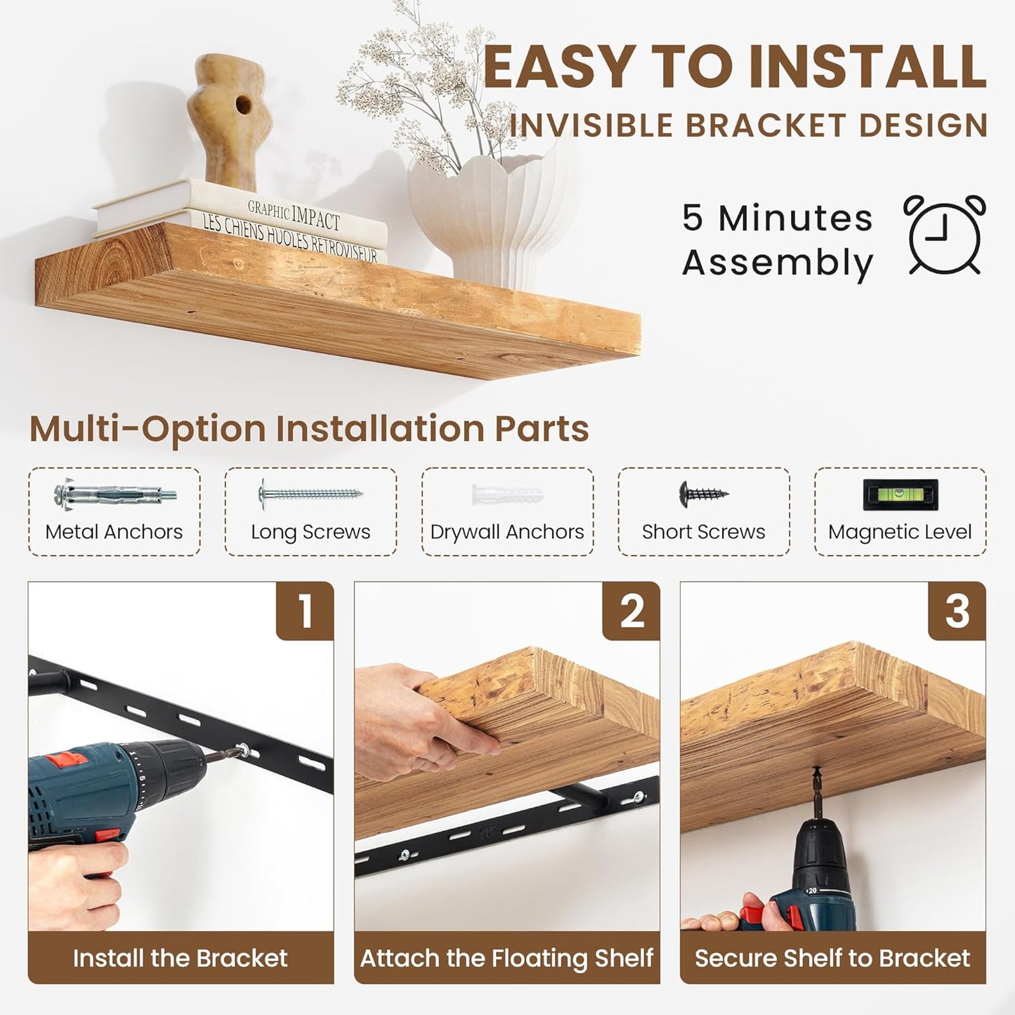 Floating Shelves, 8" Deep Rustic Solid Wood Wall Mounted Floating Shelves, Wall Shelves with Invisible Bracket for Living Room Bathroom Bedroom Kitchen, 36 Inch Set of 2, Natural