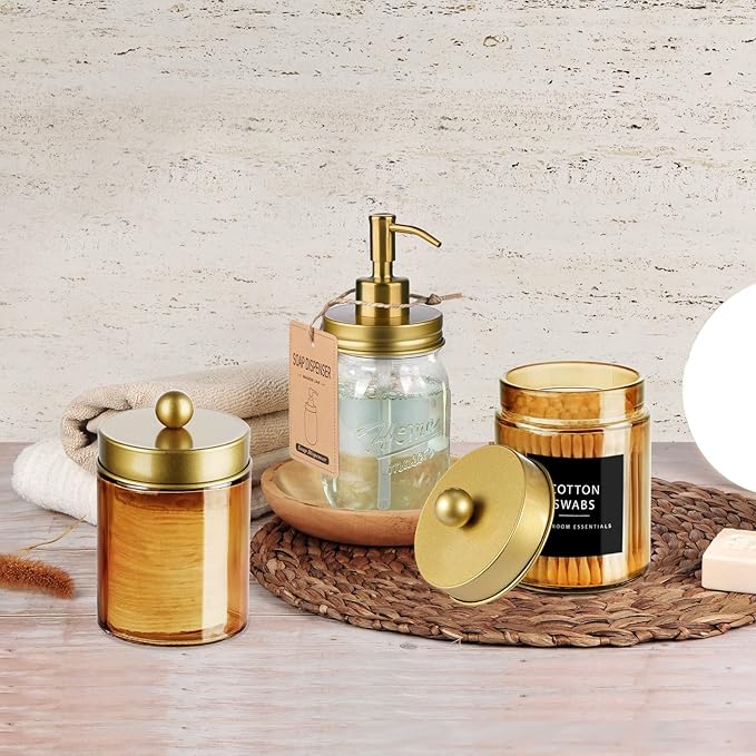Amolliar Bronze Glass Apothecary Jar, Qtip Holder Metal Lid & Stickers, Bathroom Qtip Dispenser Storage Canister, Perfect for Cotton Balls, Cotton Swabs, Makeup Pads, Bath Salt, Floss, 4 Pack (Gold)