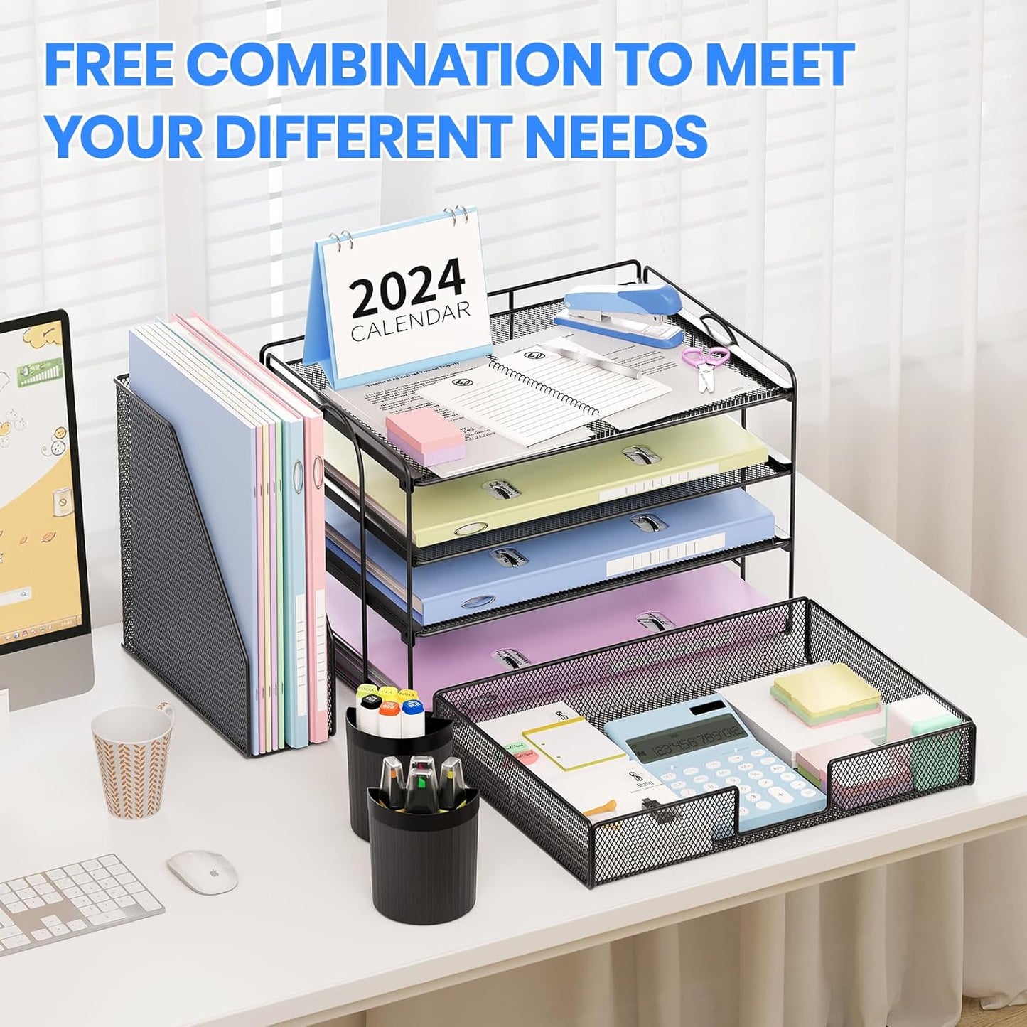 Desk Organizer and Accessories, 4-Tier Desktop File Organizer with Drawer and 2 Pen Holders, Office Desk Accessories, File Sorters, Workspace Organizers for Office Supplies(Black)