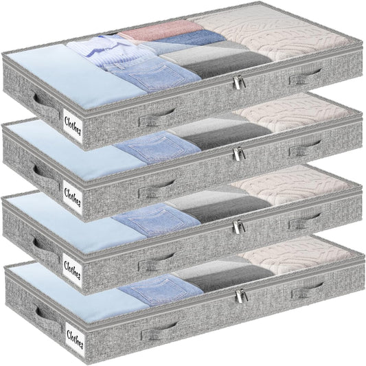 4 Inch Low Profile Under Bed Storage Drawer 4 Pack, Lightweight Underbed Clothes Storage Container Bins with NO STURCTURE, Shallow Storage Bag for Dorm & Home, With Clear Lids and Waterproof Fabric