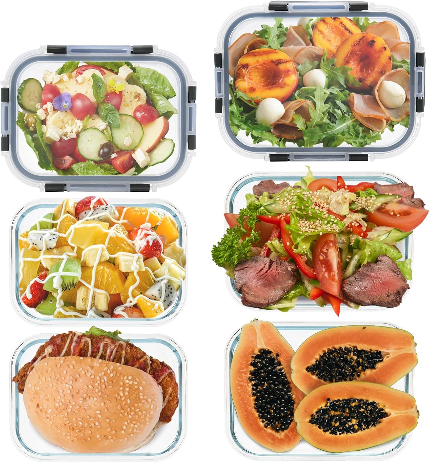 6 Pack Glass Meal Prep Containers, Food Storage Containers, Airtight Bento Boxes with Leak Proof Lids, Freezer to Microwave Safe