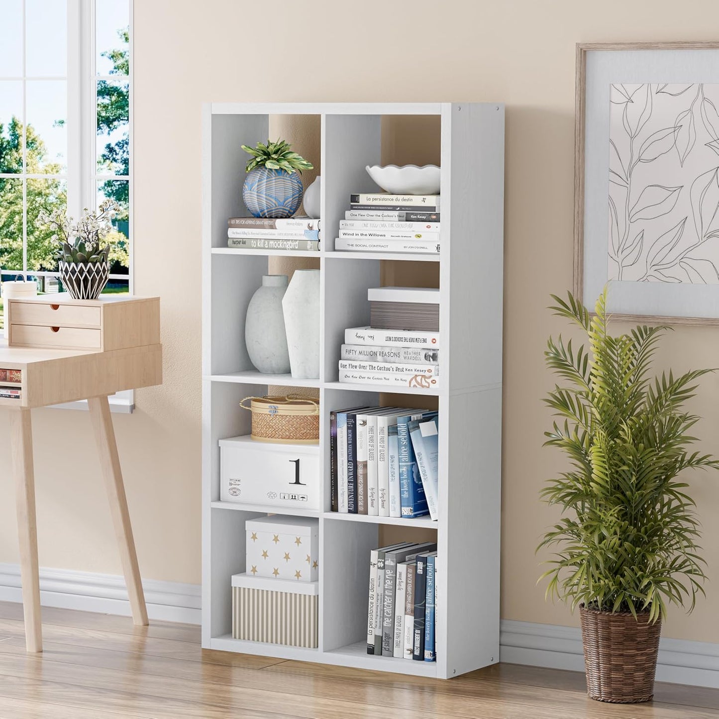 Cube Storage Organizer Bookcase, Decorative 11 inch Open Back Cubical Shelf with Thickened Border, Display Bookshelf for Living Room, Home Office, Sturdy Room (White, 8 Cube)