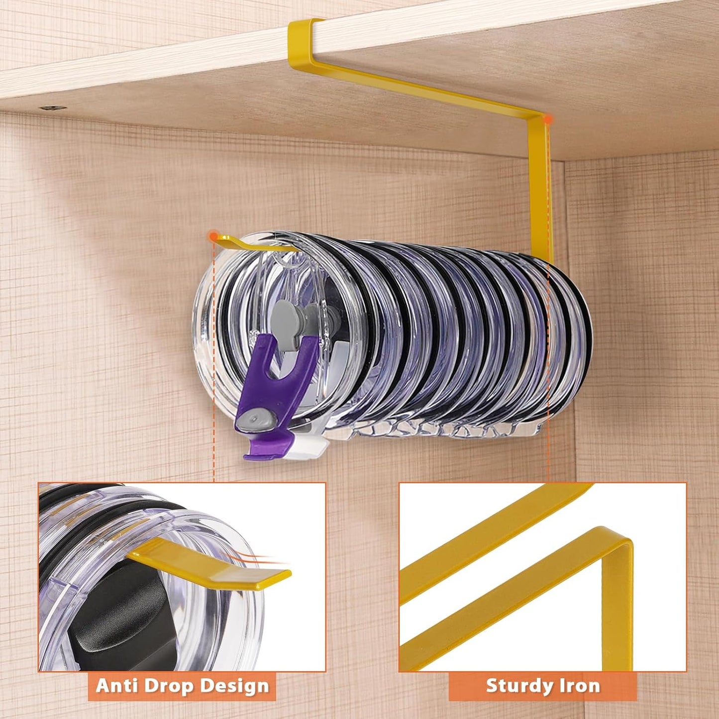Tumbler Lid Organizer, Horizontal Tumbler Lid Storage Hook Up to 10 Lids, Space Saving Cup Lid Holders Under Cabinet Tumbler Lid Hook for Kitchen Organizer and Storage, Paper Towel Rack Hanger (Gold)